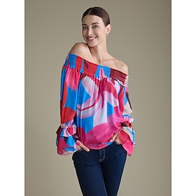 Chiffon Elastic Cuff Floral Off Shoulder Blouse