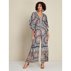 Satin Folk Print Magyar Sleeve Deep V Neck Jumpsuit