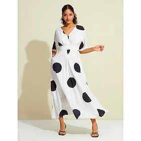 Satin Hem Polka Dot Waistband V Neck Maxi Dress