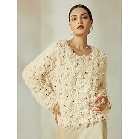 Apricot Sequin Feather Crew Neck Blouse